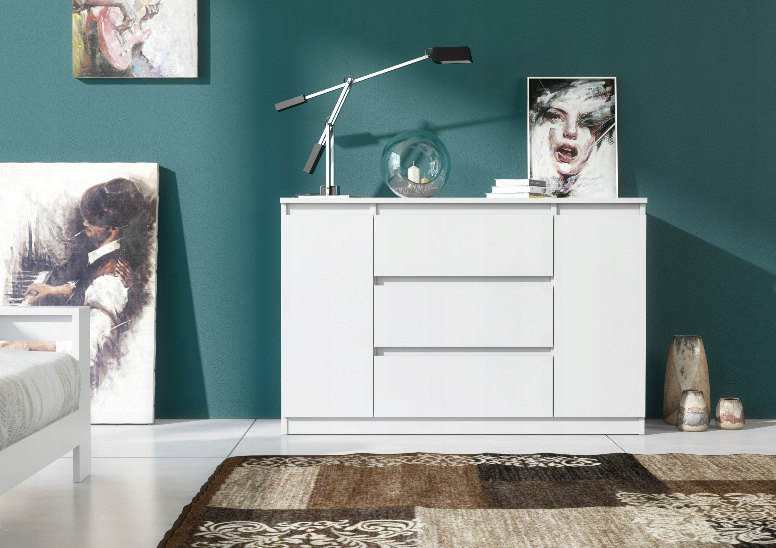MODERN KOMÓD 120CM 2 AJTÓ 3 FIÓK FEHÉR HÁLÓSZOBA NAPPALI Gyártó kódja 2D3S