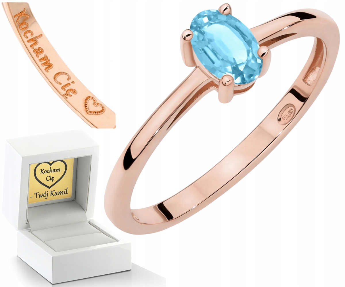 Růžové Zlato Prstýnek Modrý Topaz Přírodní Kámen Drť 585 Zlato