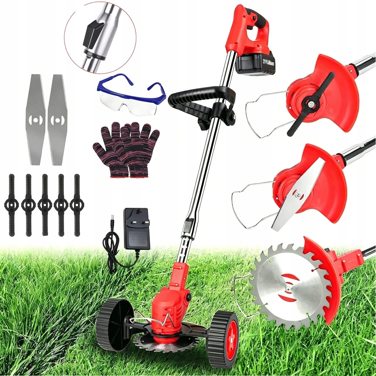 850W akumulátorová vyžínačka 3v1 s 2 bateriemi a kolečky, červená