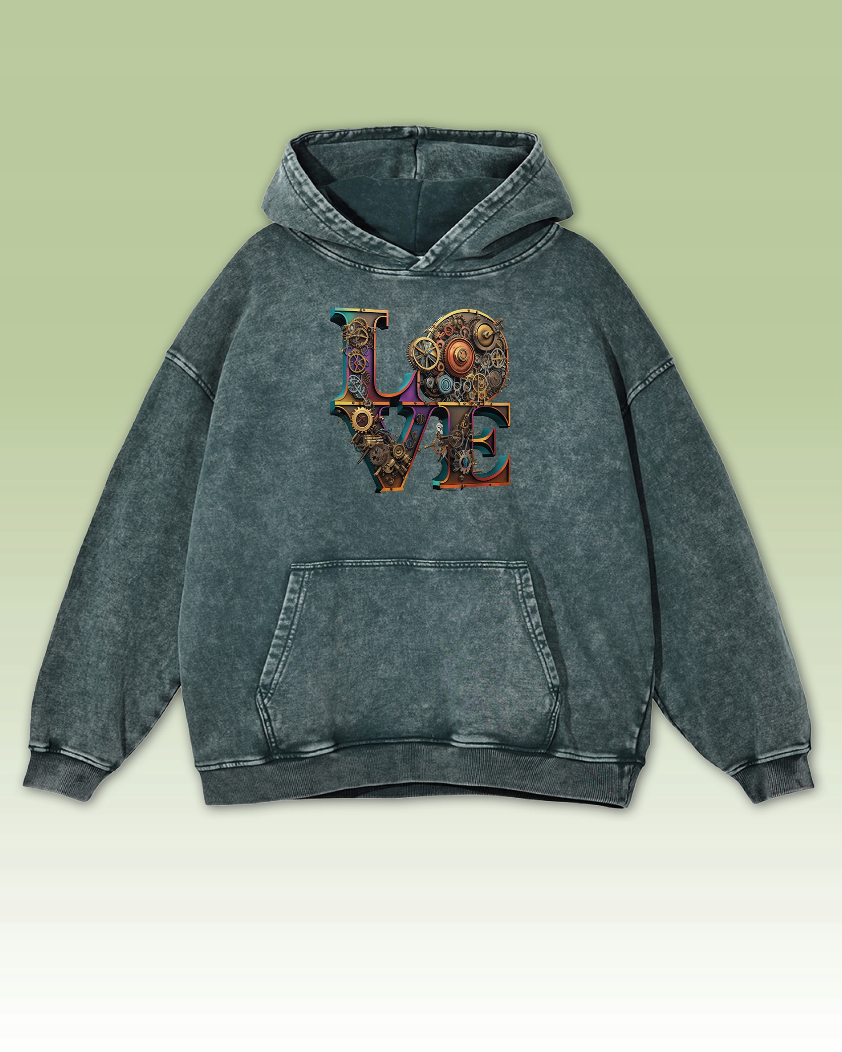 Mikina Steampunk Love Industriální design Ozubení Mechanismus Zelená L