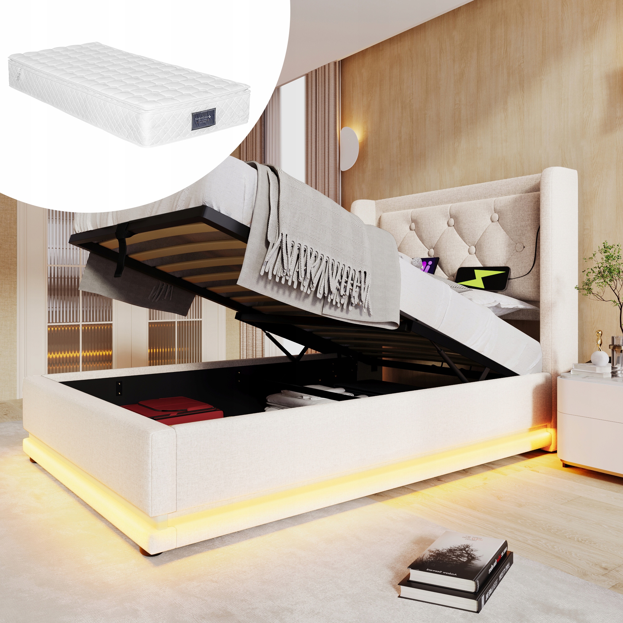 Jednolůžko čalouněné 90 x 200 cm hydraulickým Usb LED+matrace