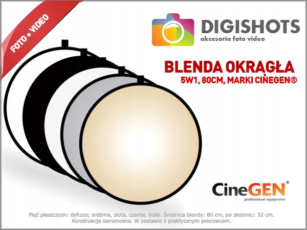 BLENDA FOTOGRAFICZNA 5W1 80 cm ZŁOTA SREBRNA DYFUZOR Marka CineGEN