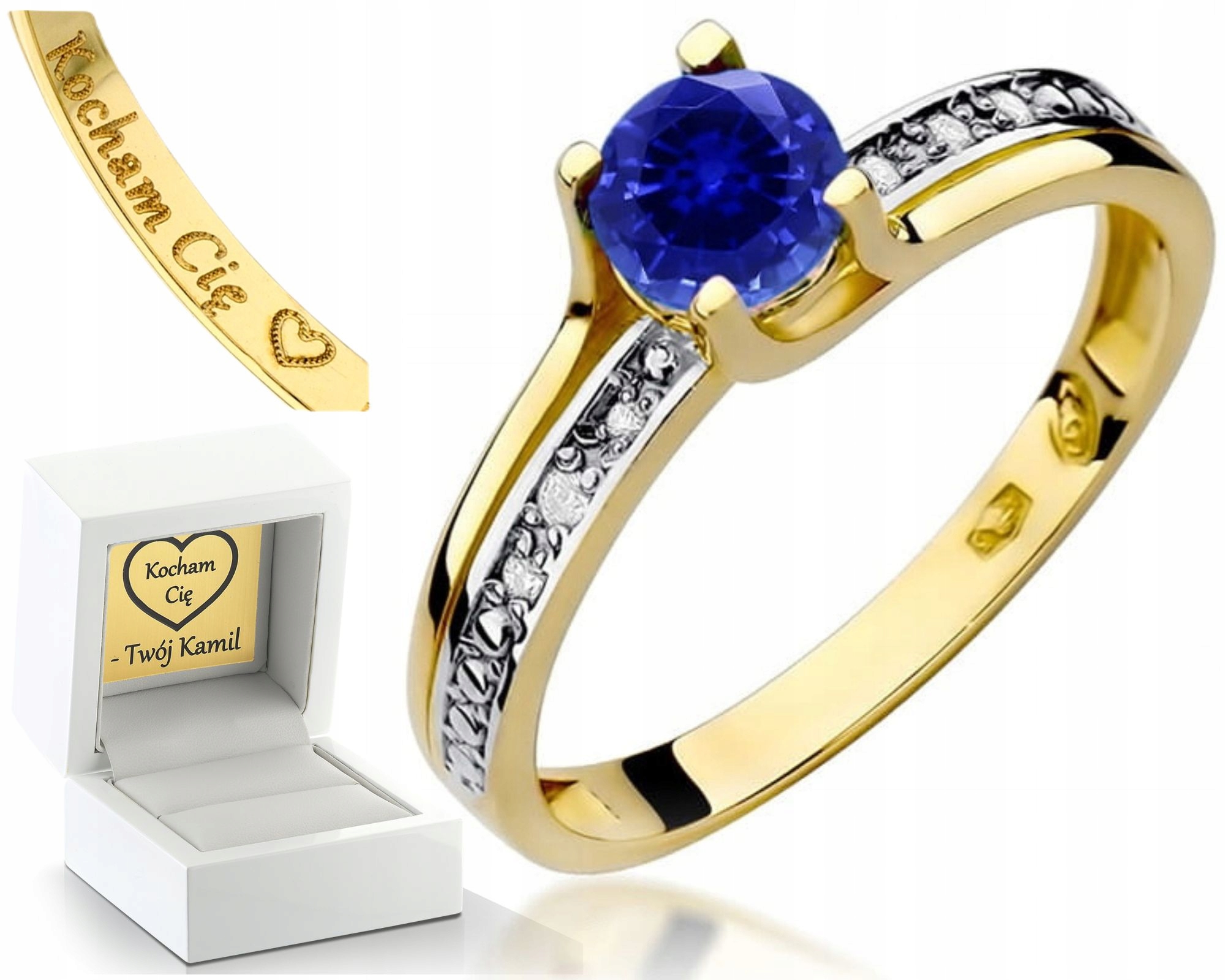 Zásnubní Prstýnek Se Safírem A Diamanty, Žluté Zlato, Gravírování 585