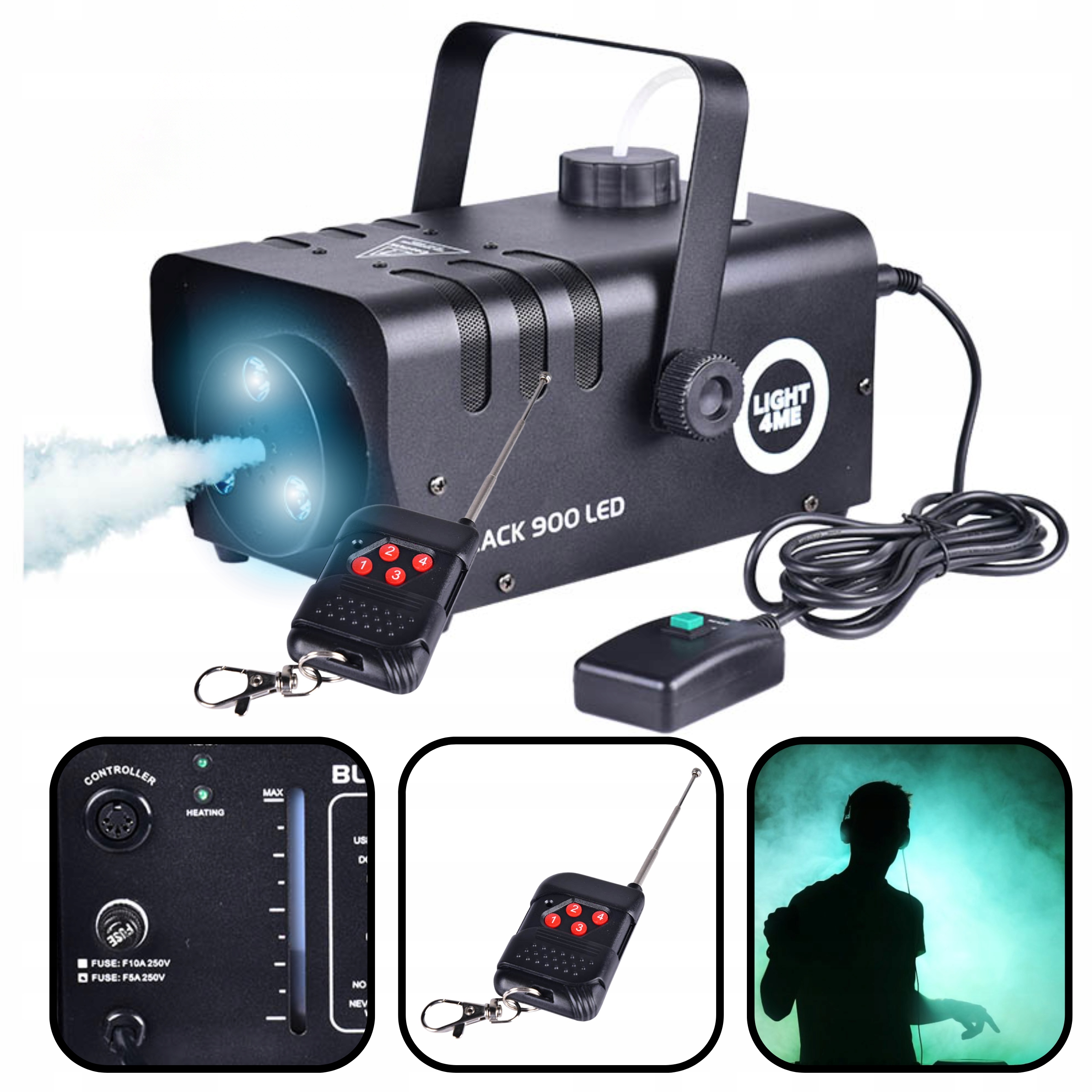 Výrobník Kouře, Mlha, Kouřový Stroj, Kouřová Pistole LIGHT4ME, Černá, 900 Led Dálkové Ovládání