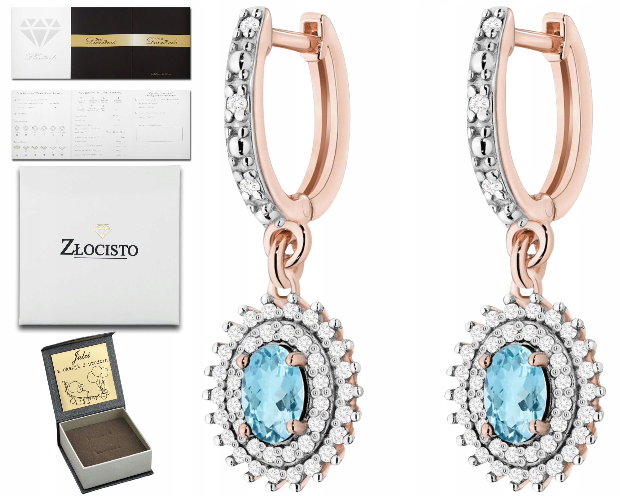Růžové Zlato Náušnice S Topazy A Brilianty Zlato 585 Anglické Zapínání