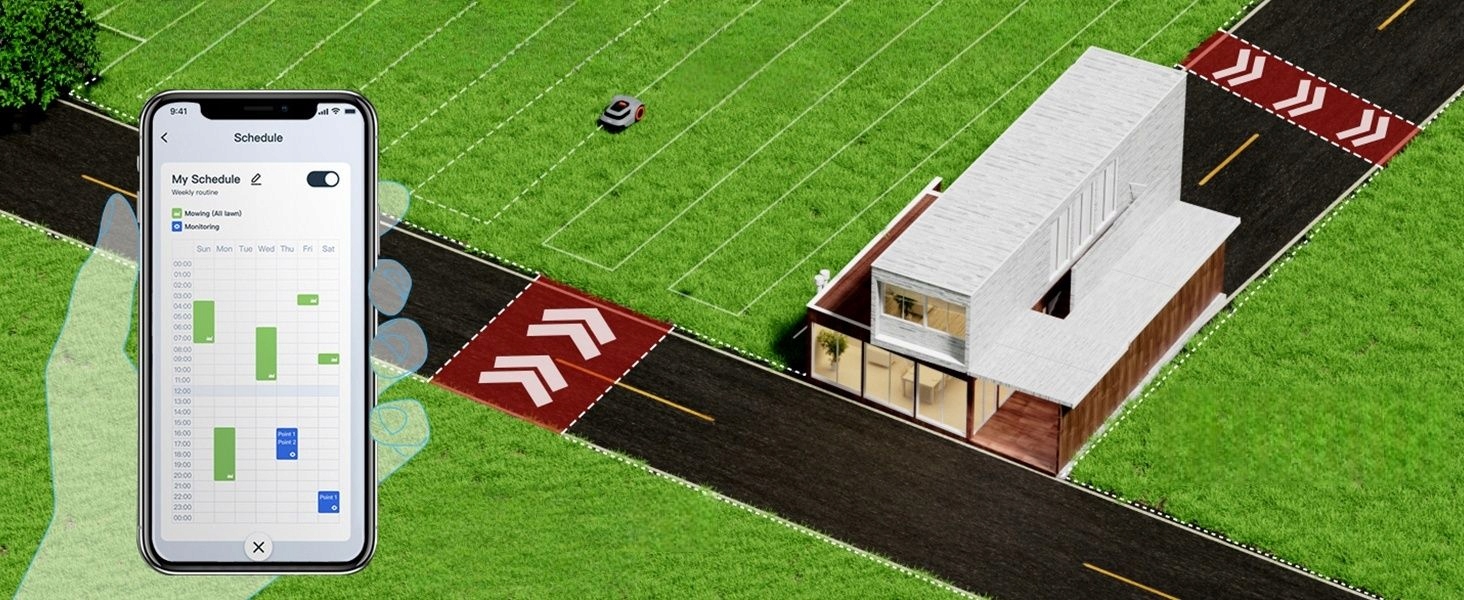 Robot Koszący Kosiarka automatyczna Redkey MGC500 Aplikacja BT Wi-Fi 800M2 Informacje dodatkowe czujnik deszczu czujnik uderzenia kontroler zdalny bluetooth sterowanie ze smartfona zabezpieczenie kodem PIN