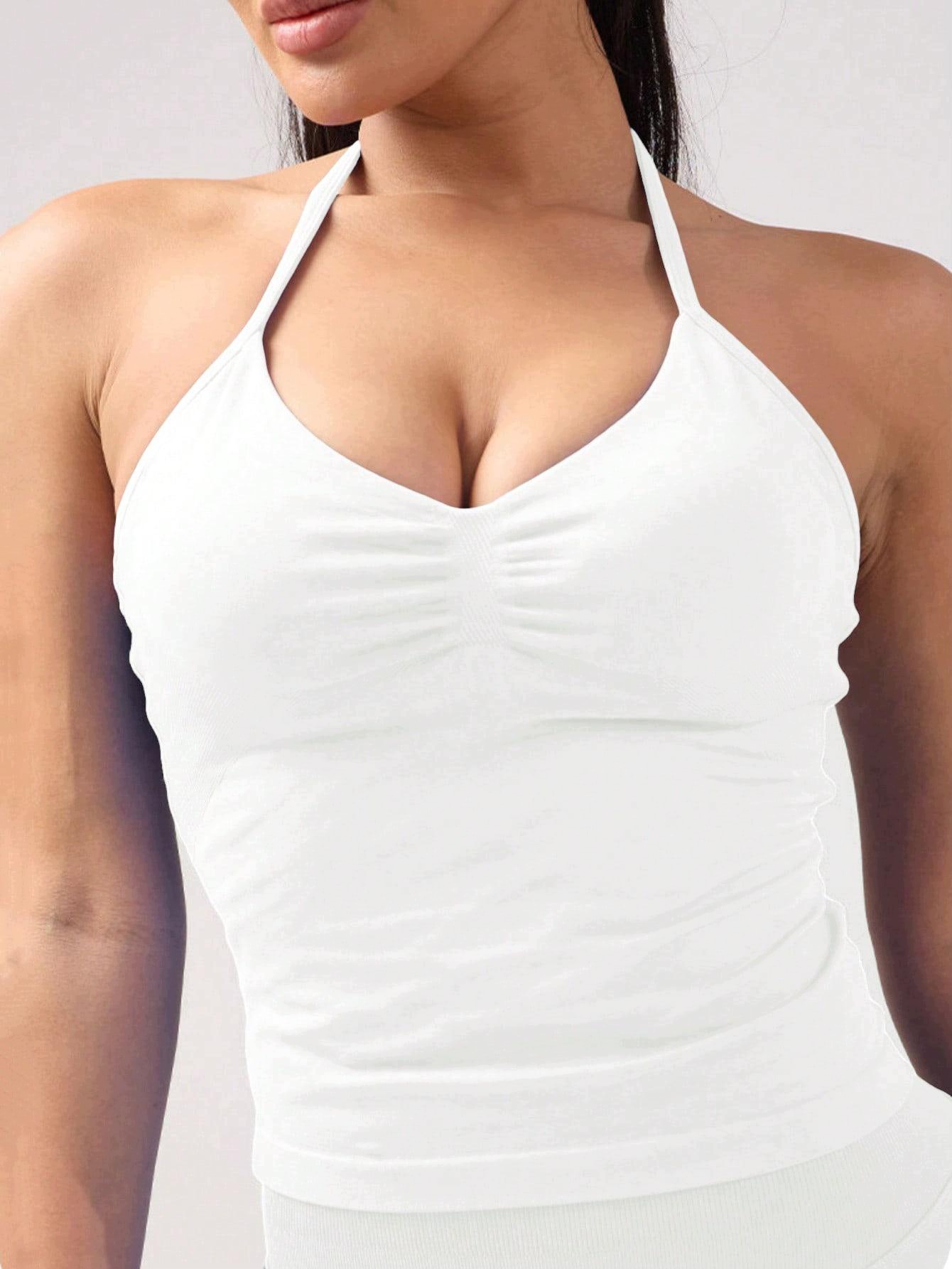 Biały Crop Top Dopasowany Sportowy Marszczenia Odkryte Ramiona Shein 40/42