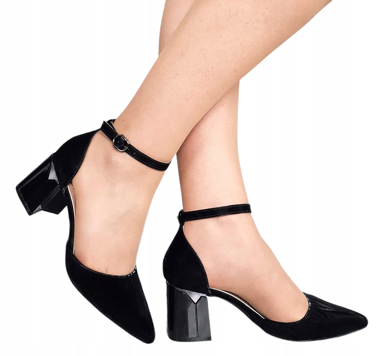 Czarne Buty Czółenka Z Paskiem W Kostce Ozdobny Słupek 6 Cm 38