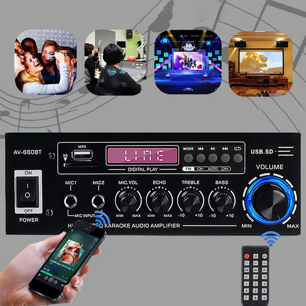 WZMACNIACZ DO GŁOŚNIKÓW AMPLITUNER STEREO HIFI BLUETOOTH RADIO FM PILOT LED Model WZMACNIACZ