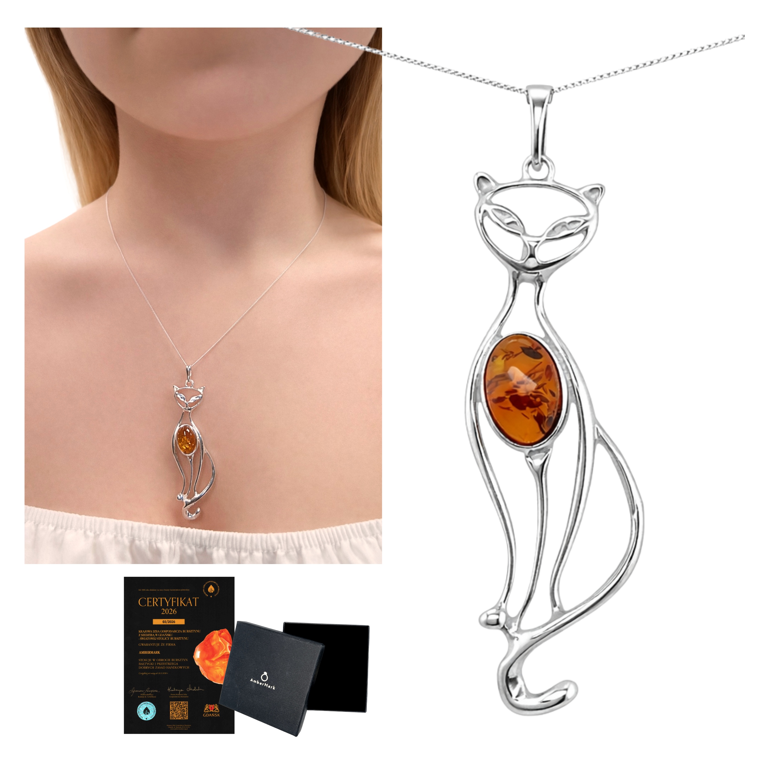 Přívěsek kočka s jantarem, velký přívěsek, stříbrný s jantarem Stříbro 925