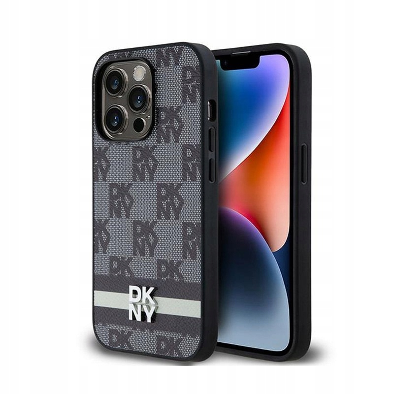 Dkny kožený kostkovaný mono vzor a tištěné proužky – Pouzdro iPhone 14