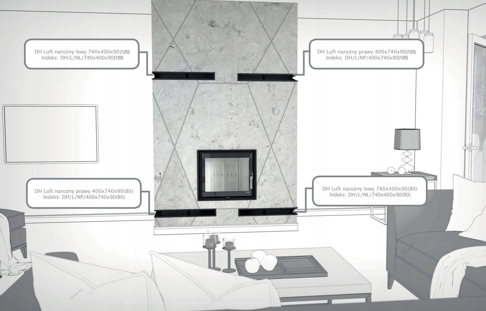 Kratka Luft Kominkowy Prawy 400x740x90 (80)Kominki Kolor dominujący czarny