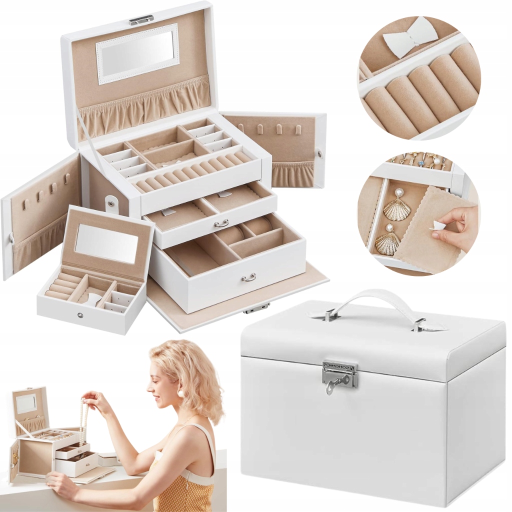 Krabička Kufřík Cestovní organizér Bílý Uzamykatelný se Zrcadlem na šperky