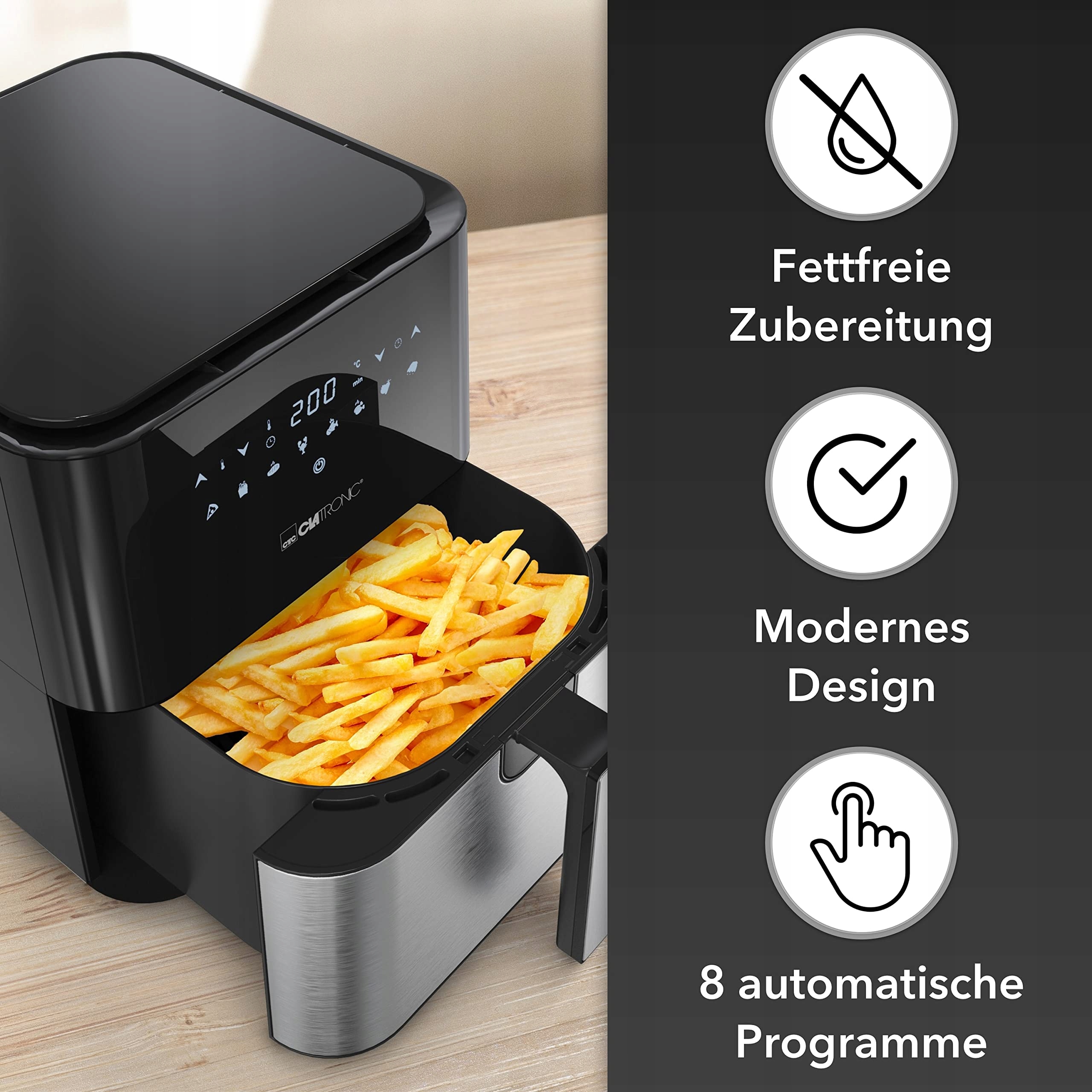 CLATRONIC Frytkownica Beztłuszczowa XXL 5L Cyfrowy Airfryer 8 Programów — miniatura 2