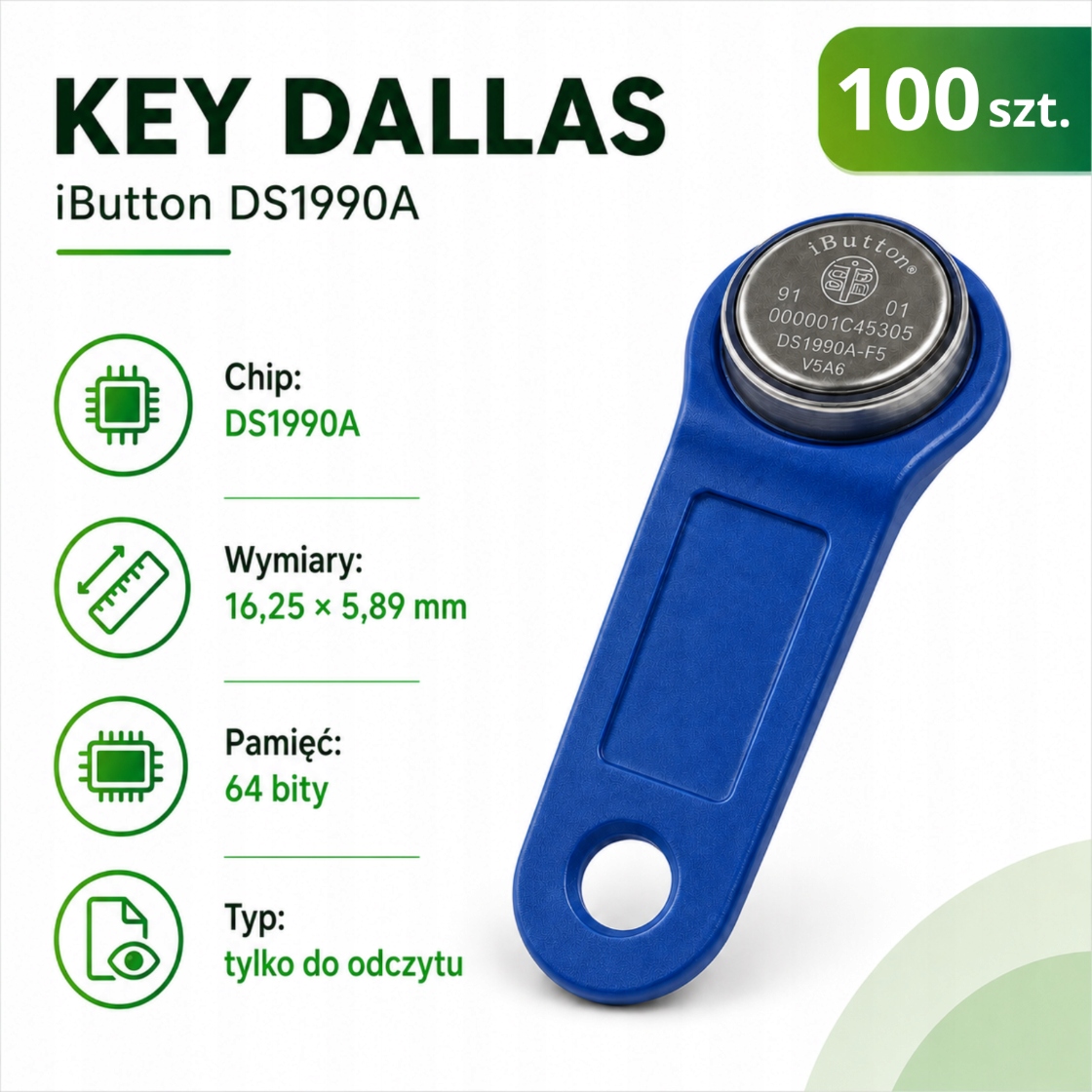 Pastylka iButton Dallas DS1990L DS1990A Unique 1-Wire brelok 100 szt