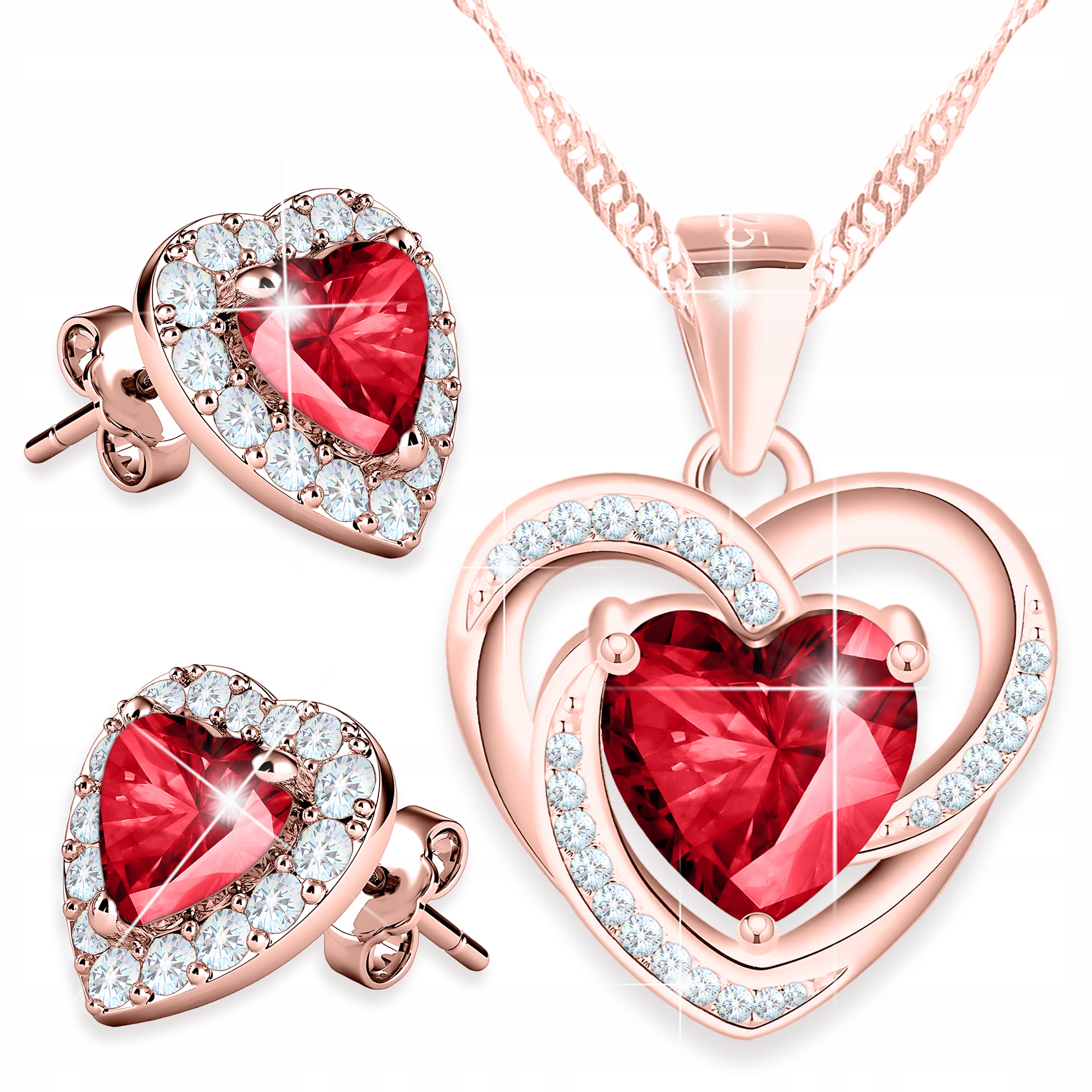 Pozlacený set náhrdelníku a Náušnice Červené křišťálové srdce Stříbro 925