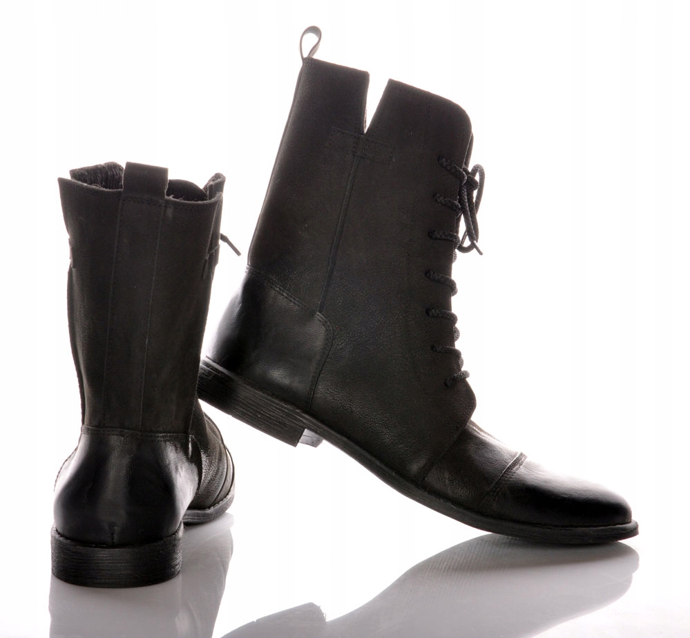 BUTY BULLET za kostkę PRZYPALANE WYŚWIECONY SZPIC CZARNE SZTYBLETY SKÓRA 45 Kolor czarny