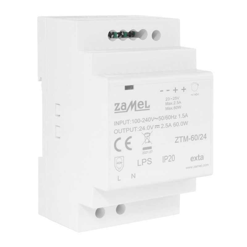 ZASILACZ IMPULSOWY MONTOWANY NA SZYNIE TH-35 DIN 60W 24V DC ZTM-60/24 ZAMEL Kod producenta ZTM-60/24