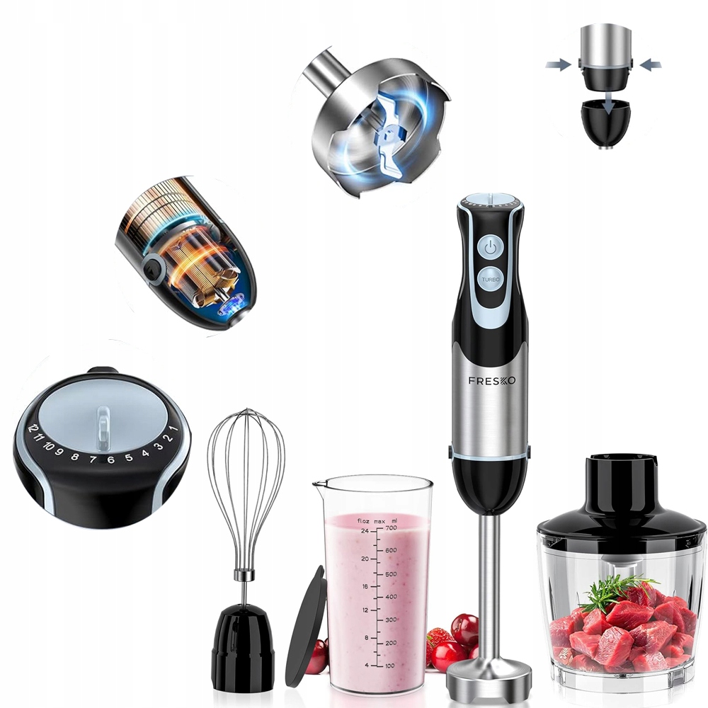 Ruční Mixér 4v1, výkon 1000 W, 12 rychlostí a režimy Turbo, Sekání