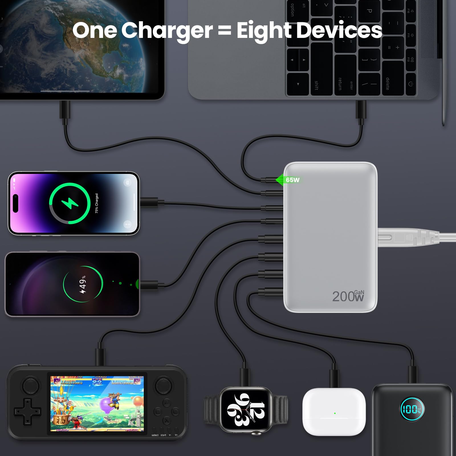 XYZ 200W USB C Ładowarka GaN III 8-Port Szybka Dla Laptopów i Smartfonów — miniatura 2