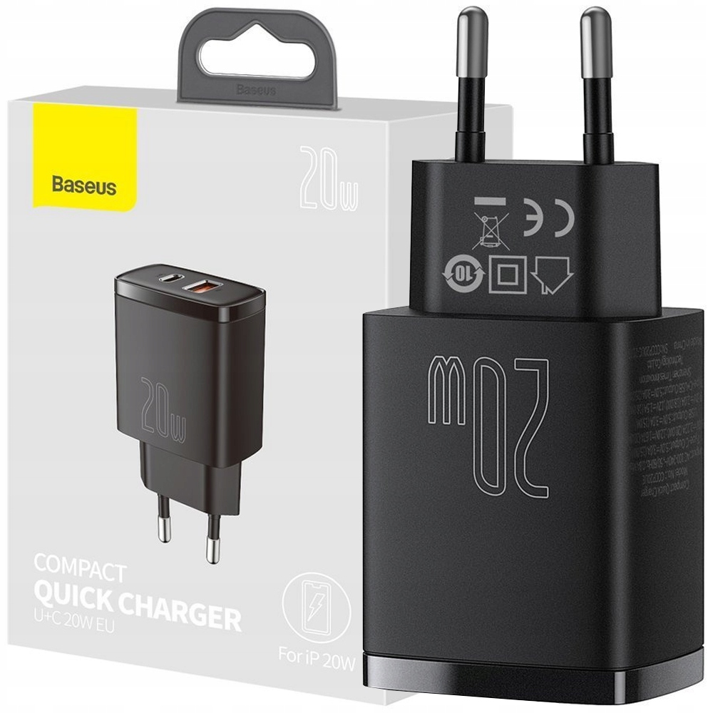 BASEUS SZYBKA ŁADOWARKA SIECIOWA PORĘCZNA USB / USB TYP C 20W 3A CZARNY