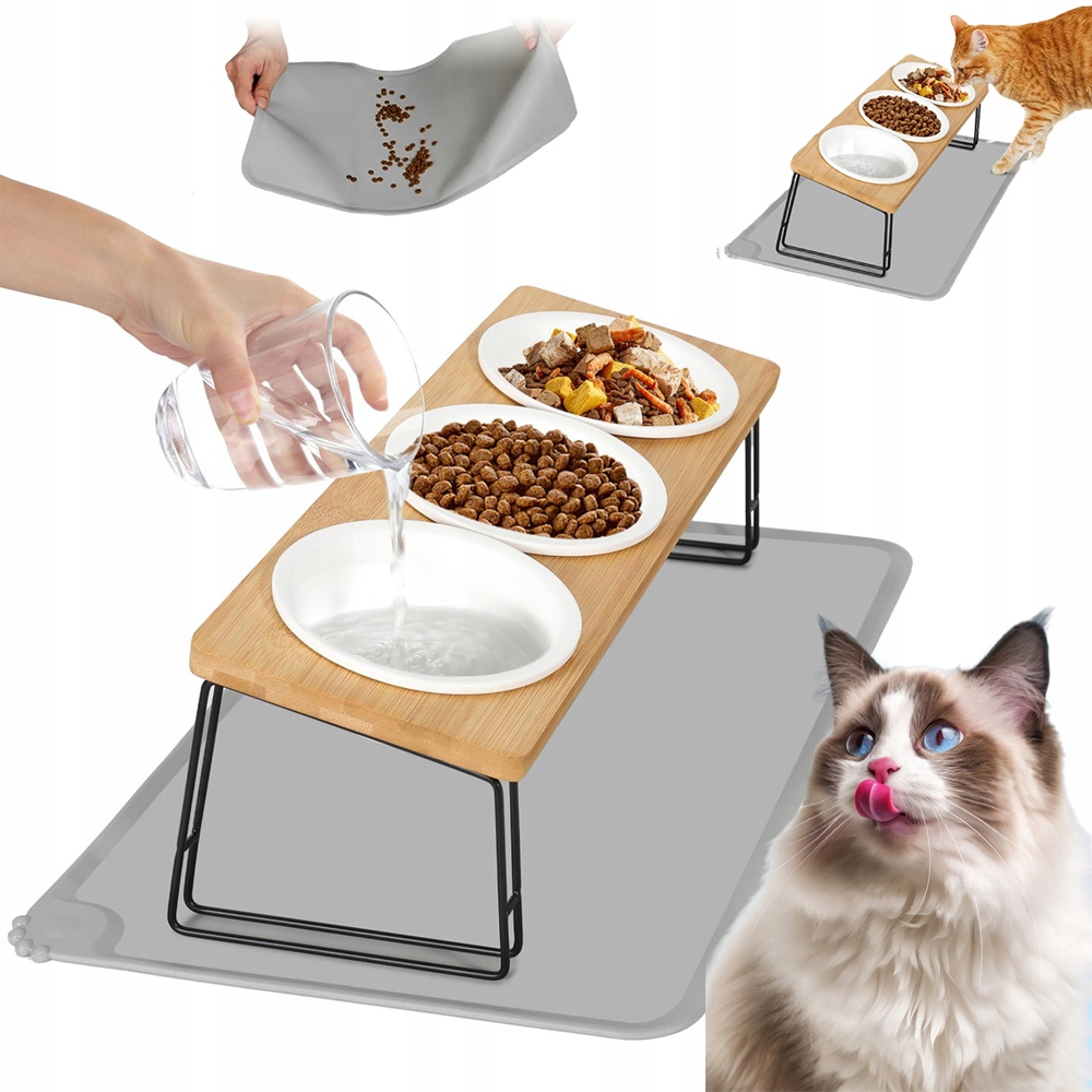 Levně Keramická Miska Pro Psa A Kočku 3 Misky Na Stojan Dřevěná Základna