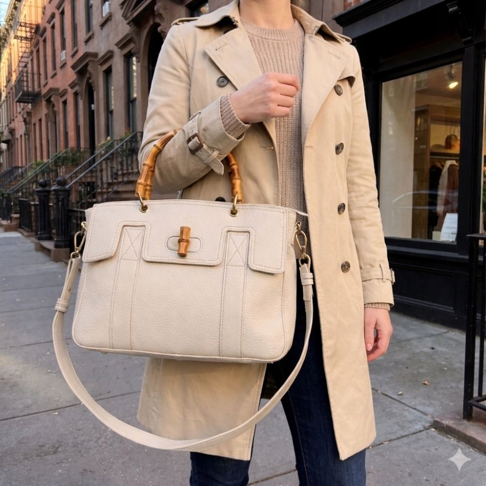 Dámská kabelka Ecru Elegantní aktovka s bambusovou rukojetí