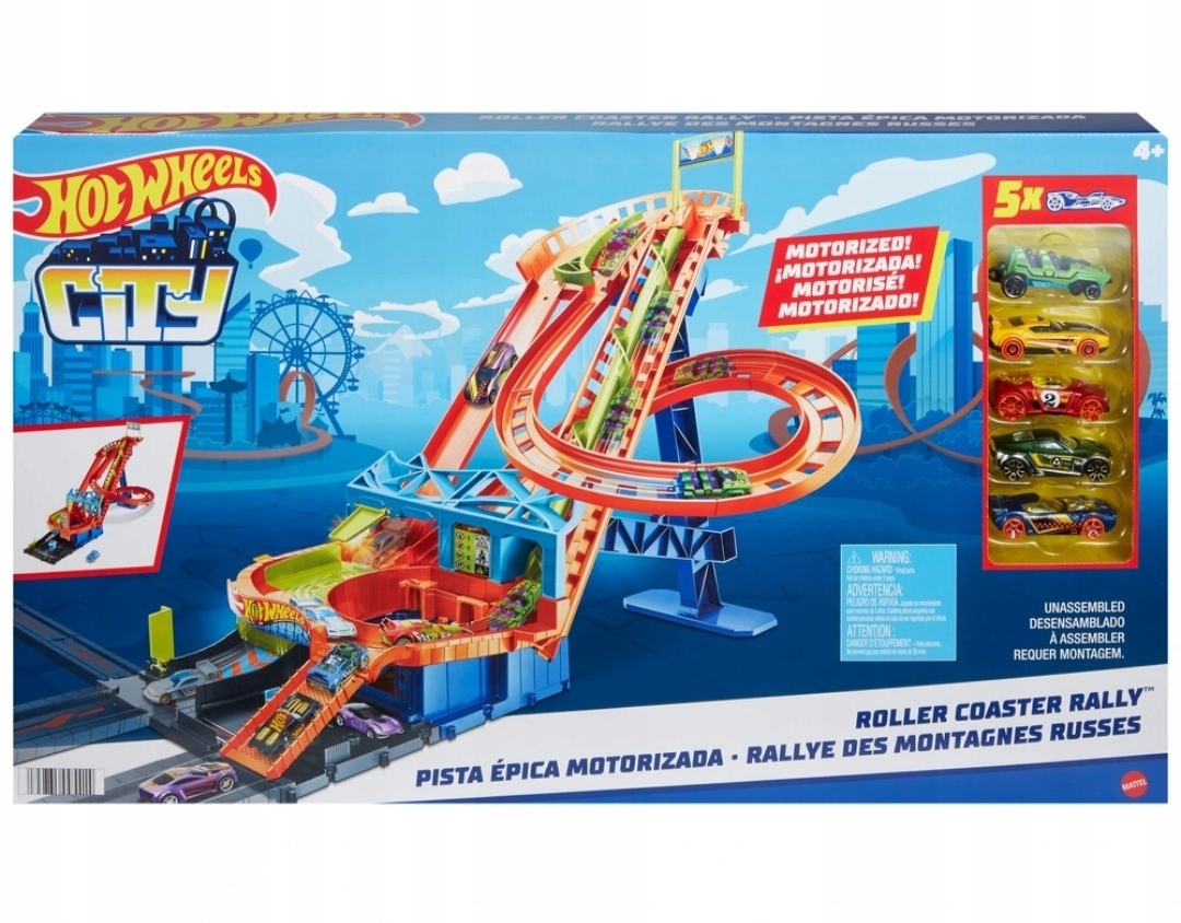 Tor Hot Wheels City Rollercoaster Zestaw z napędem 5 autek HJV69 Rally 4+