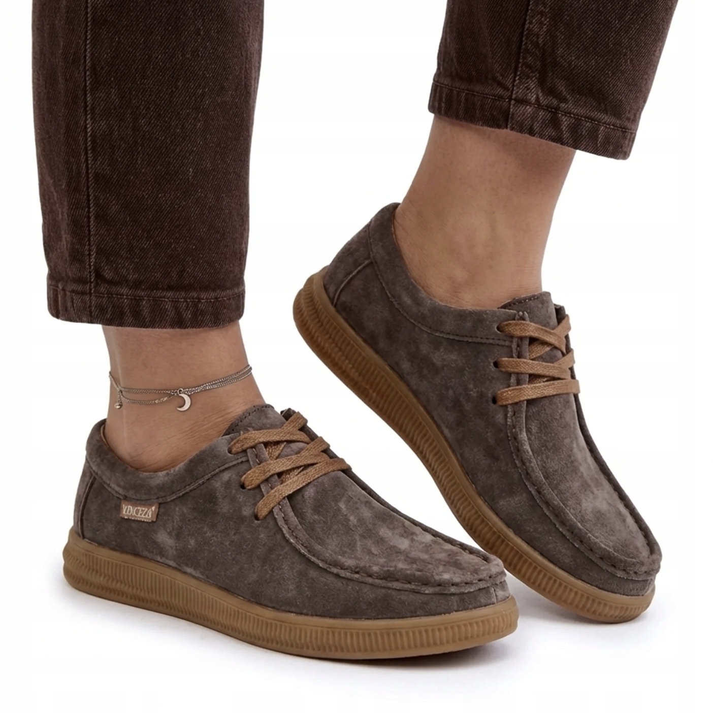 Czekoladowe Skórzane Półbuty Damskie Vinceza 95391 Buty Sznurowane 39