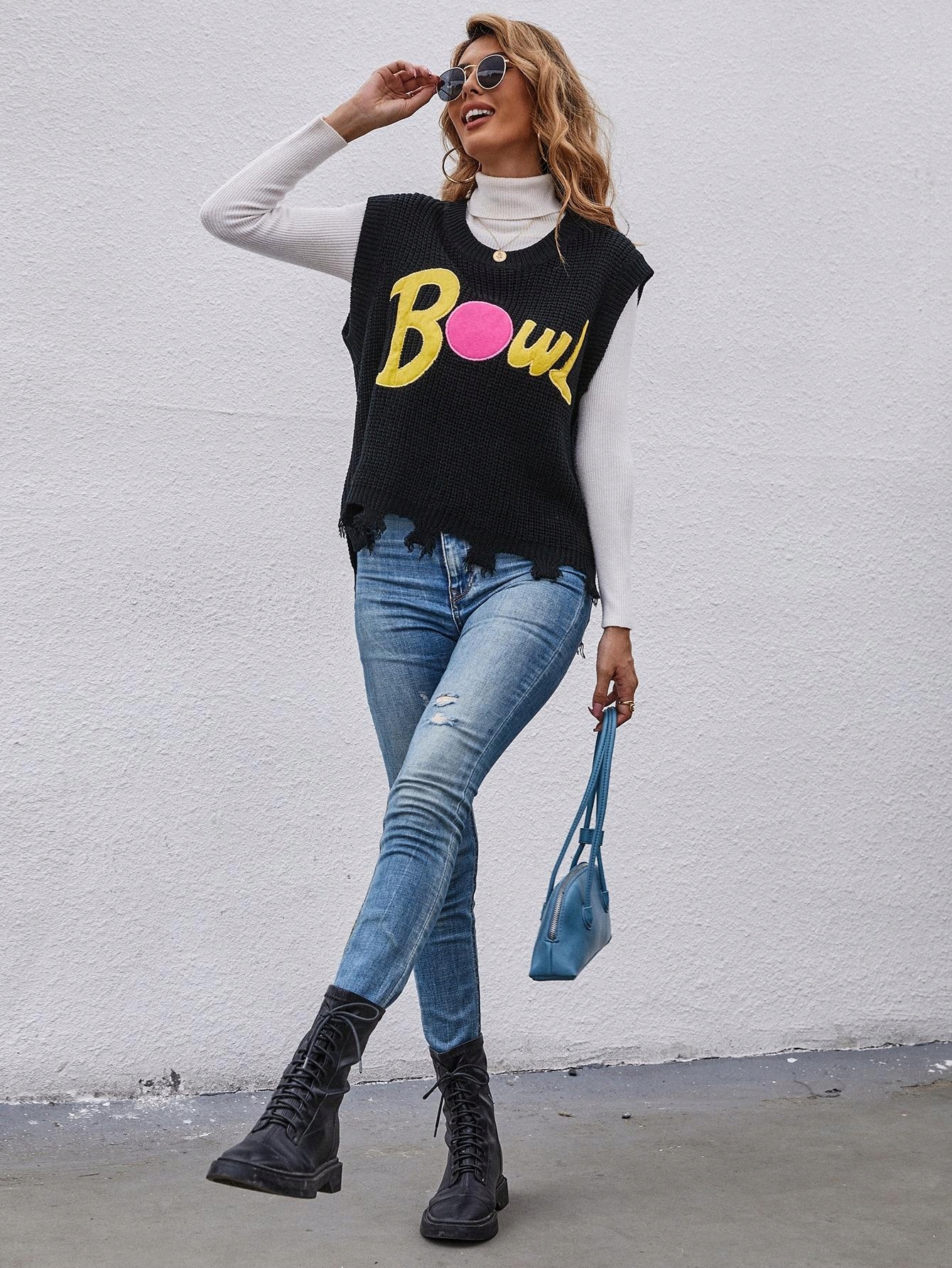 T25113 *SHEIN SWETERKOWA KAMIZELKA POSZARAPNA NAPIS S Marka Shein