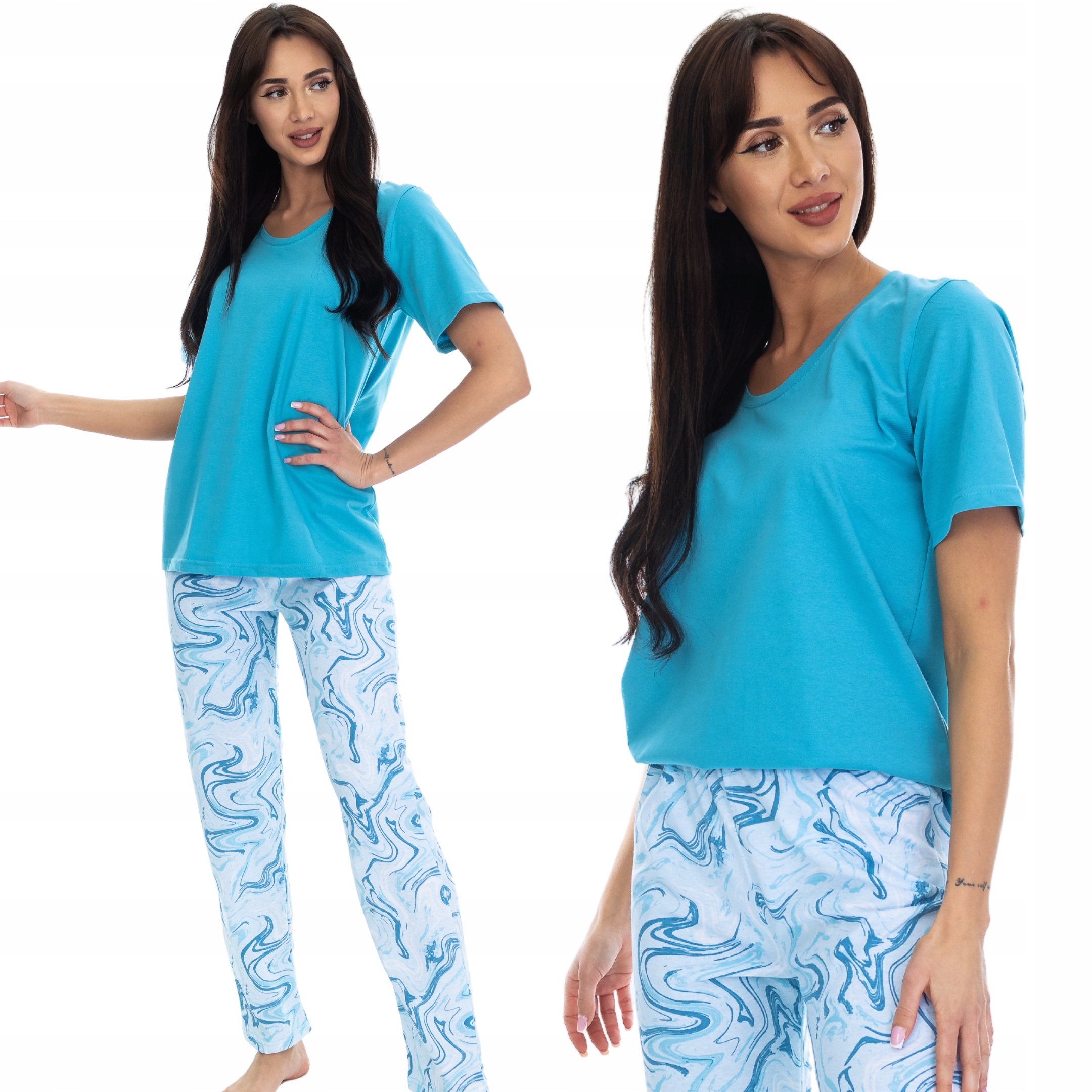 Dámské Dlouhé Pyžamo Bavlna Kuba Mazy Tyrkysová Modrá XXL