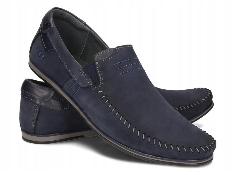 Mokasyny Buty Męskie Wsuwane Casual Skóra Naturalna Nubukowa 876 Granat 47