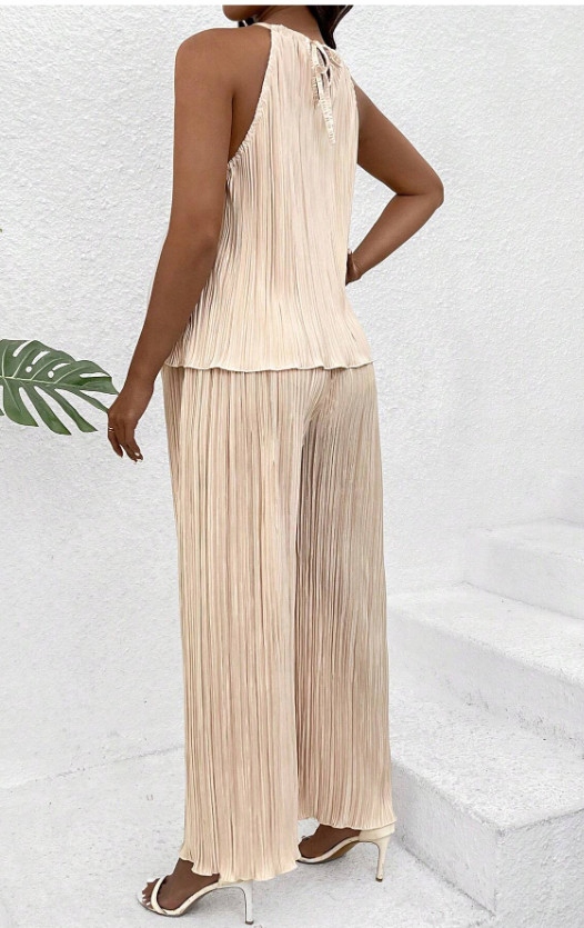 SATYNOWY PLISOWANY KOMPLET KREMOWY CIĄŻOWY SPODNIE PROSTE BLUZKA SHEIN 44 Rozmiar 44