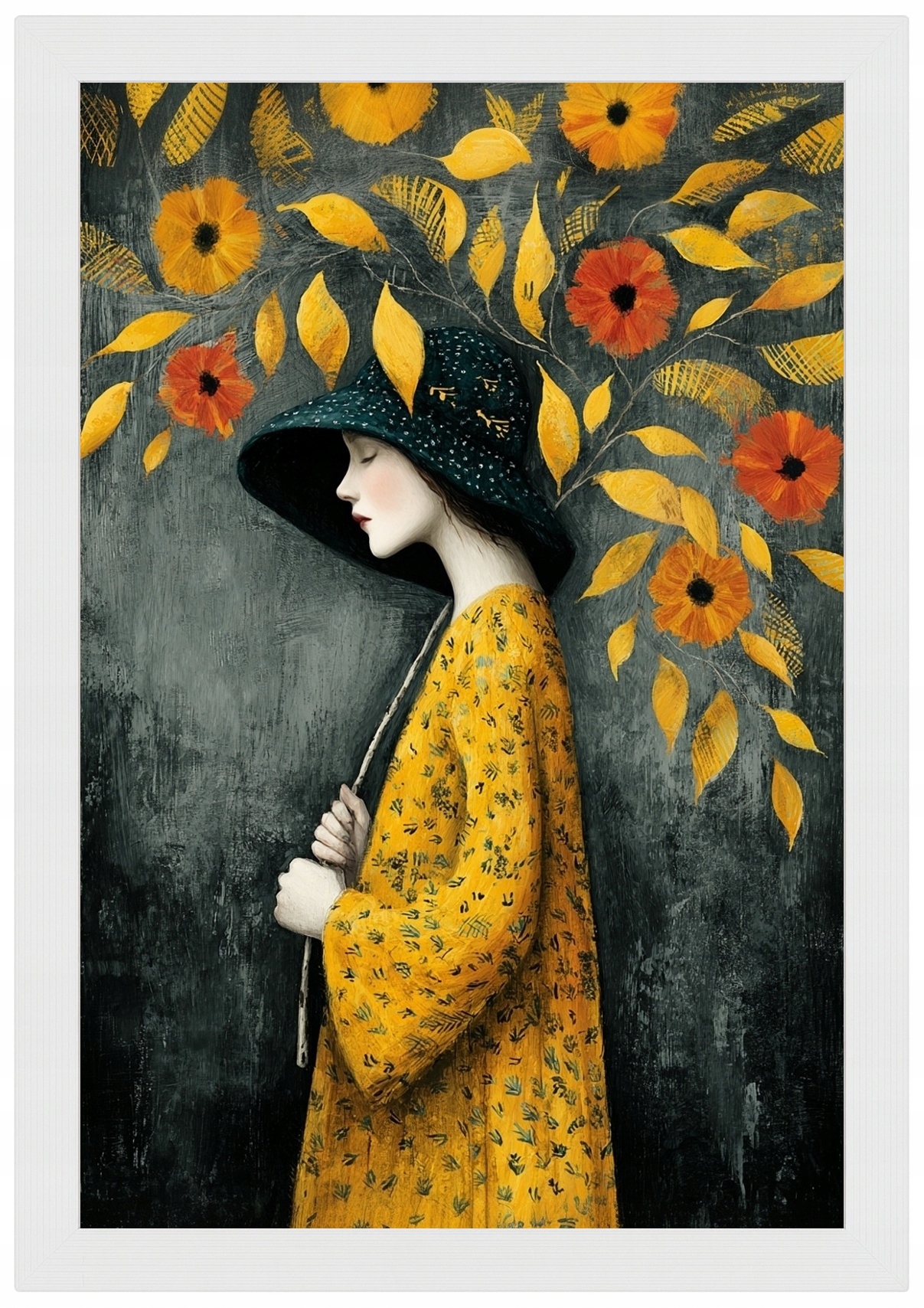 Rámeček Plakát , Dřevěná Grafika, Portrét, Žena, Podzimní Květiny, Listy, 40x60