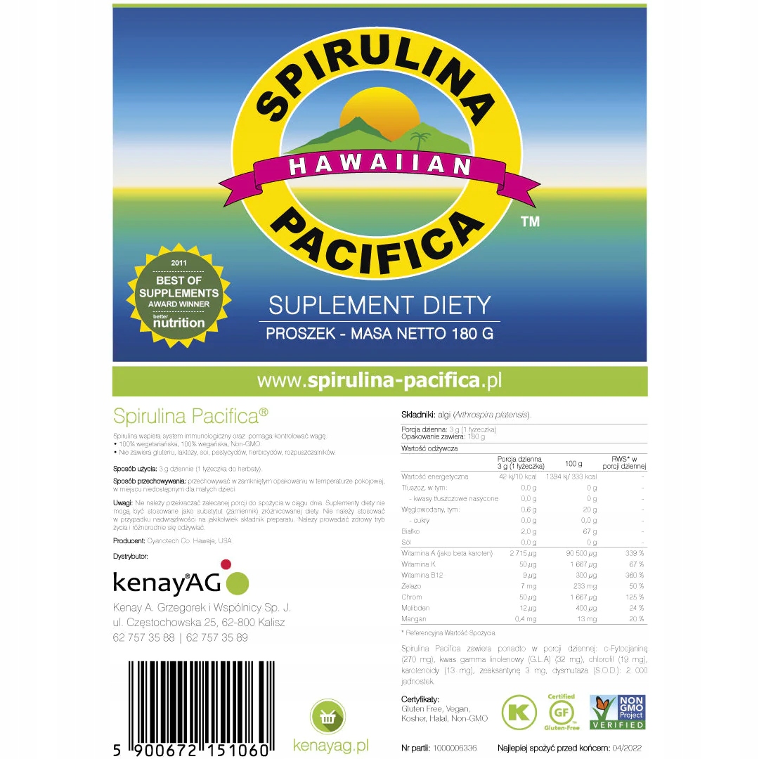 

Kenay Hawaiian Spirulina Pacifica W Proszku 180g