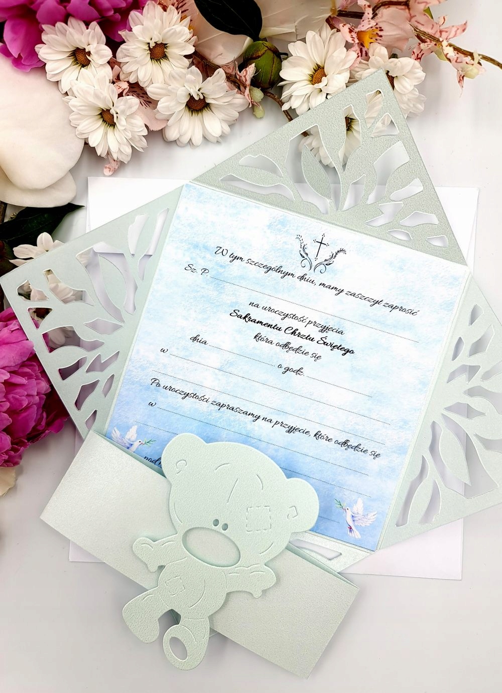 ZAPROSZENIA CHRZEST CHRZCINY NIEBIESKIE ORIGAMI Kolor dominujący wielokolorowy