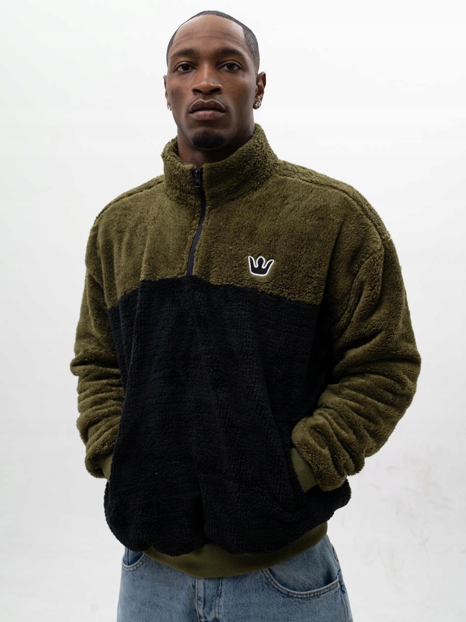 Mikina Sherpa Na Zip Do Půlky Medvídek Pánská Oversize Olivová Jigga XL