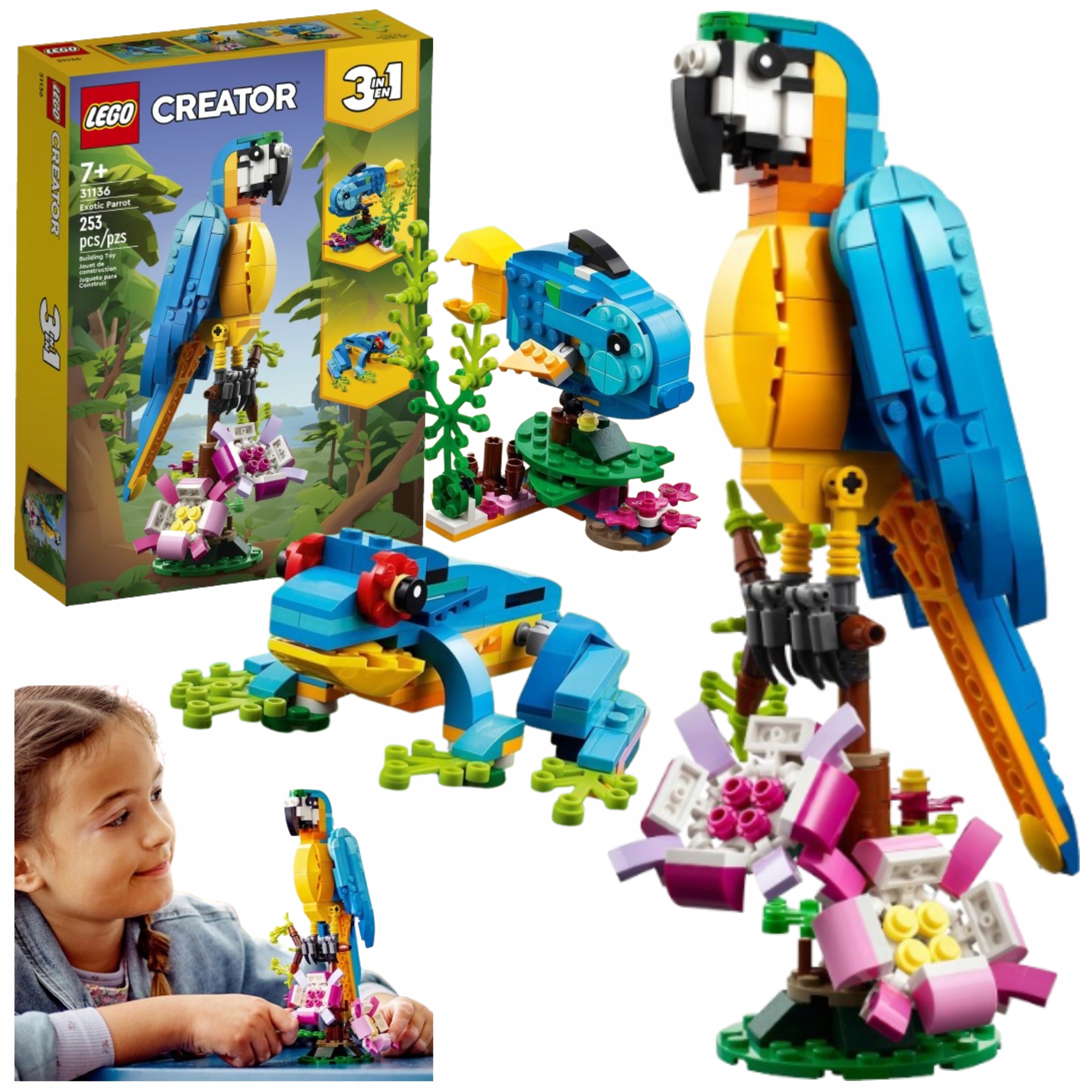 Lego Creator 3 w 1 Kolorowa Egzotyczna Papuga Ptak Dla Dzieci Zabawka ryba