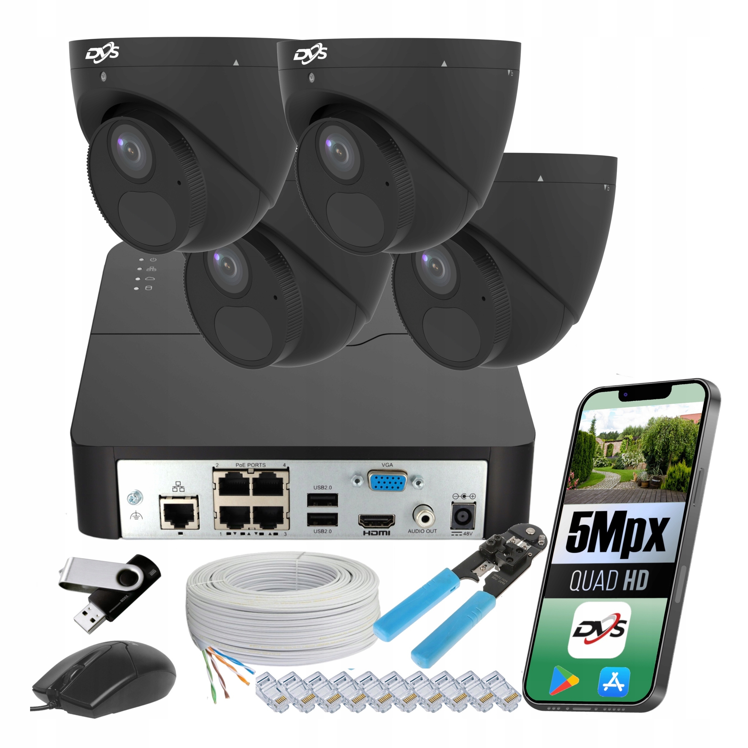 Domácí monitorovací sada Ip PoE 5Mpx kovová, černá, Smart kamery Dvs