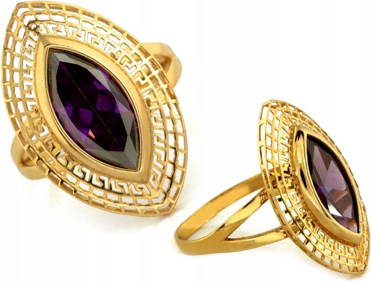 Velký zlatý prstýnek 585 s fialovým ametystem a prolamovanou povrchovou úpravou r18