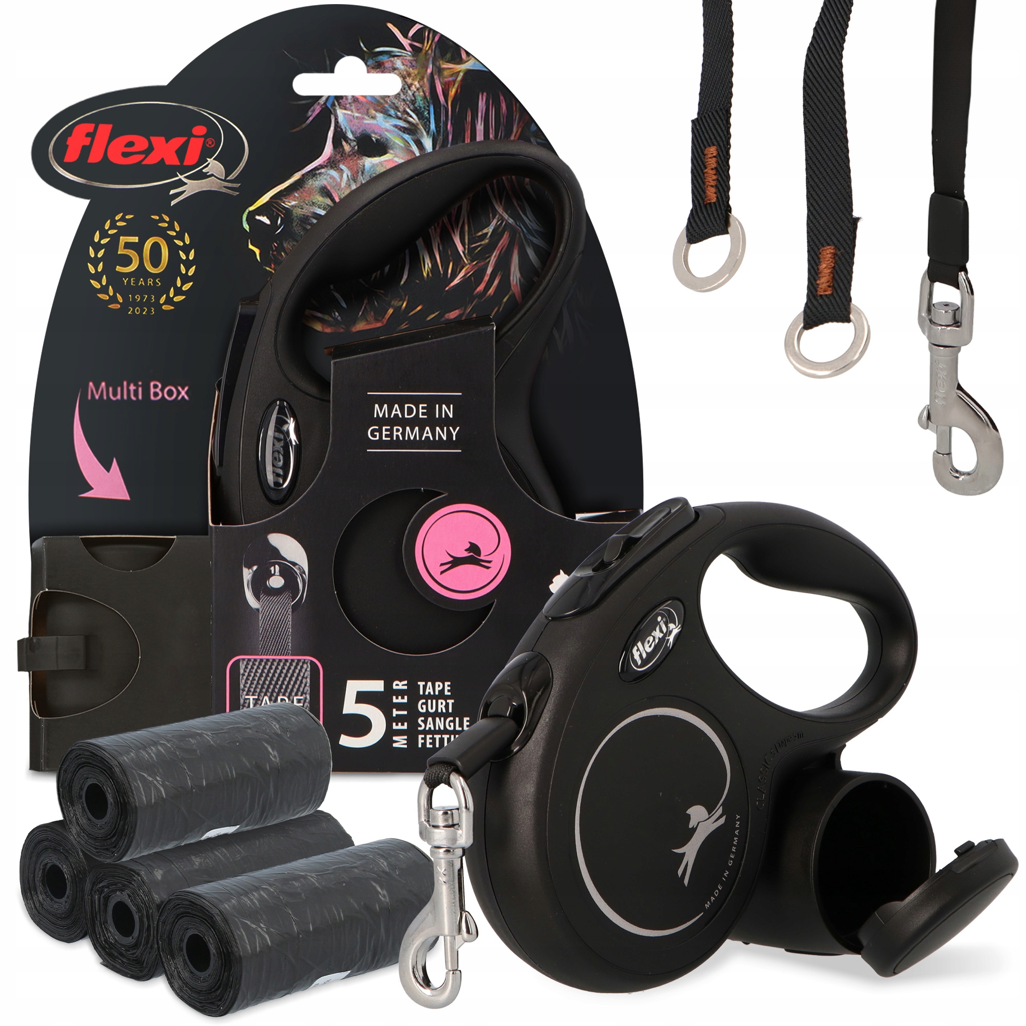 Levně Vodítko Flexi Automatická pro Psa Páska 5 m Multi Box Pochoutky Sáčky x 3O