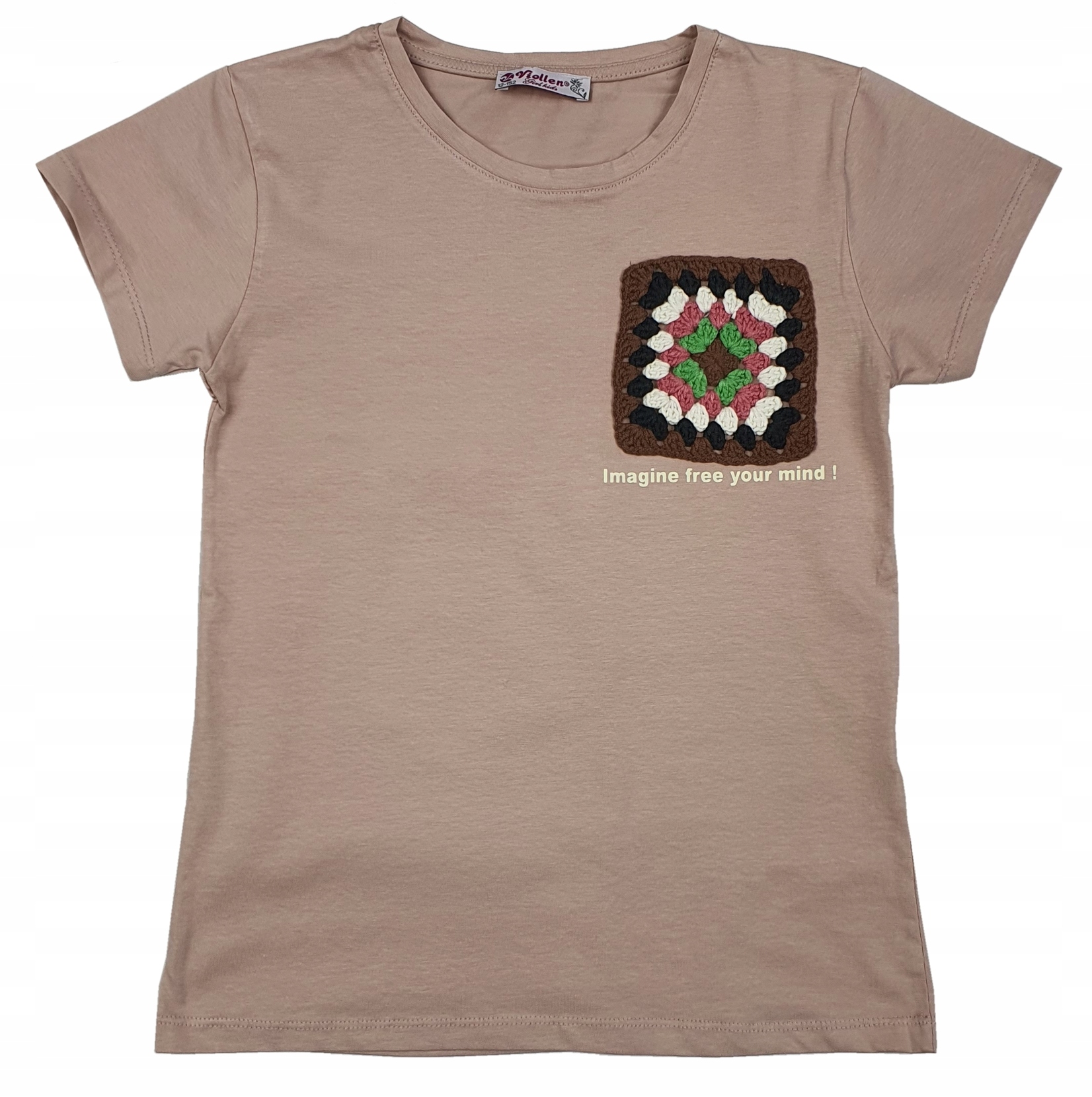 

Beżowa Bluzka aplikacja Kieszonka nadruk 140