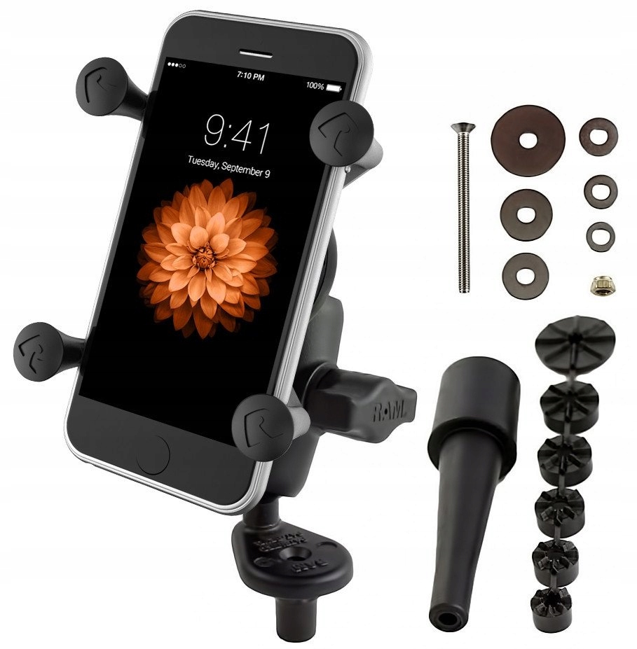 Ram Mount univerzálny držiak X-Grip namontovaný do násady vidlice na motocykli