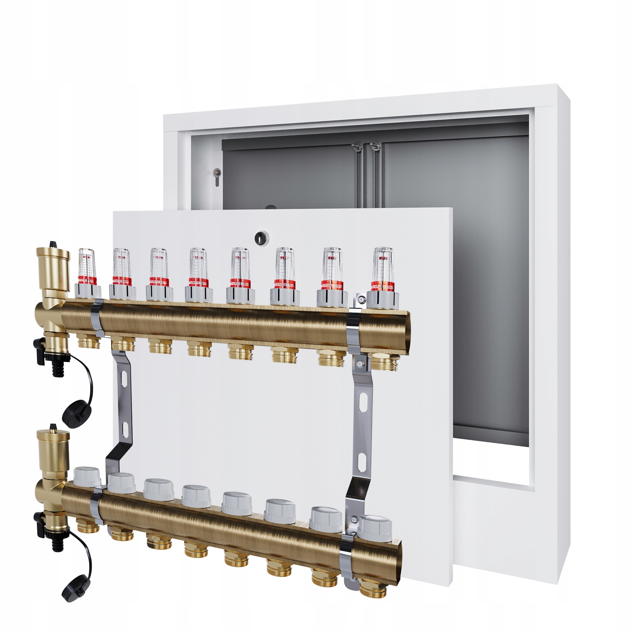 Rozdělovač pro podlahu s 8 podlahovými topeními a nástěnnou schránkou Pex