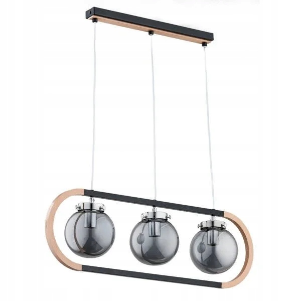 Závěsná lampa černá hnědá trojitá dřevěná skleněná kouřová stínítka Alfa