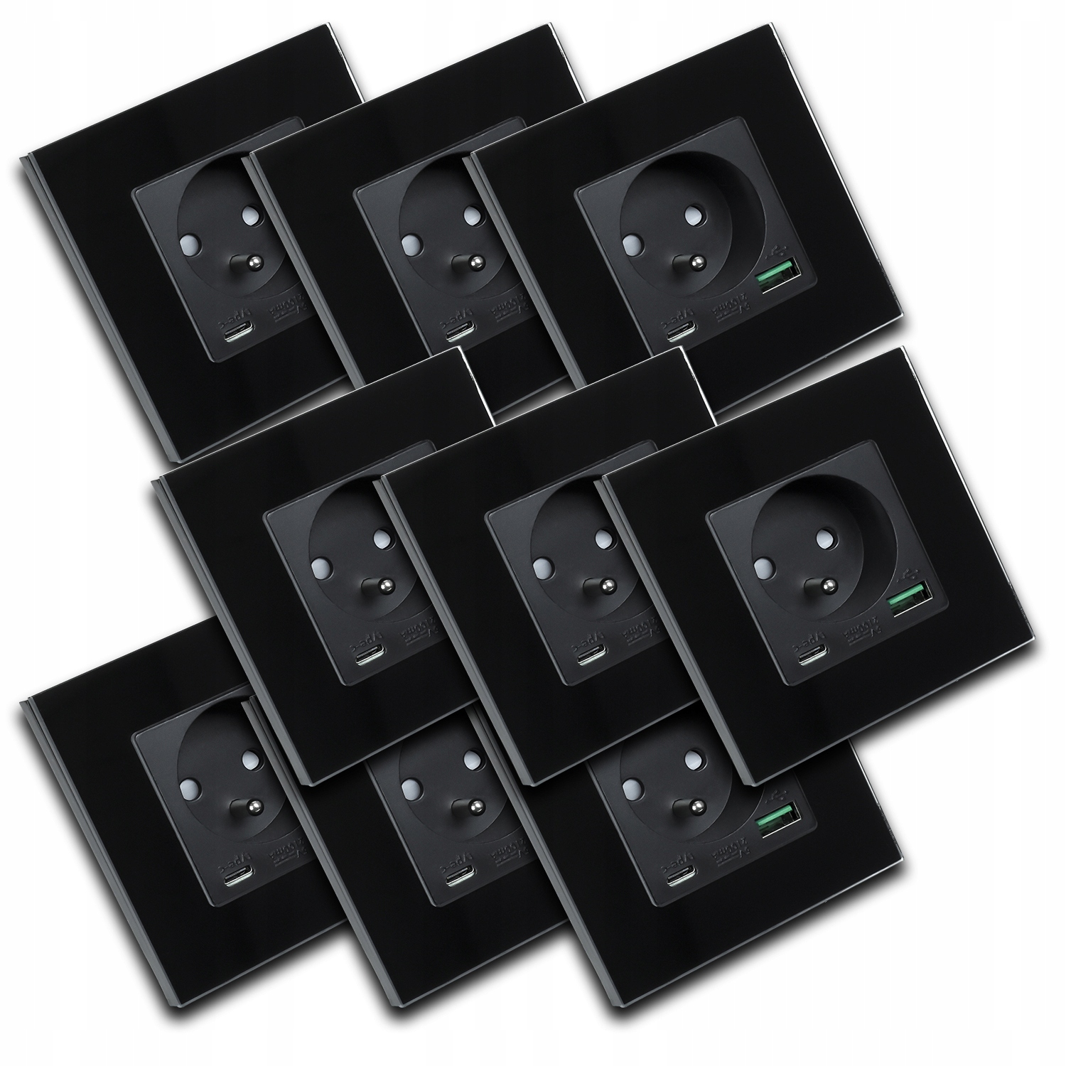 9 x Skleněná Černá Elektrická Zásuvka Kontakt Nástěnná Usb Nabíječka