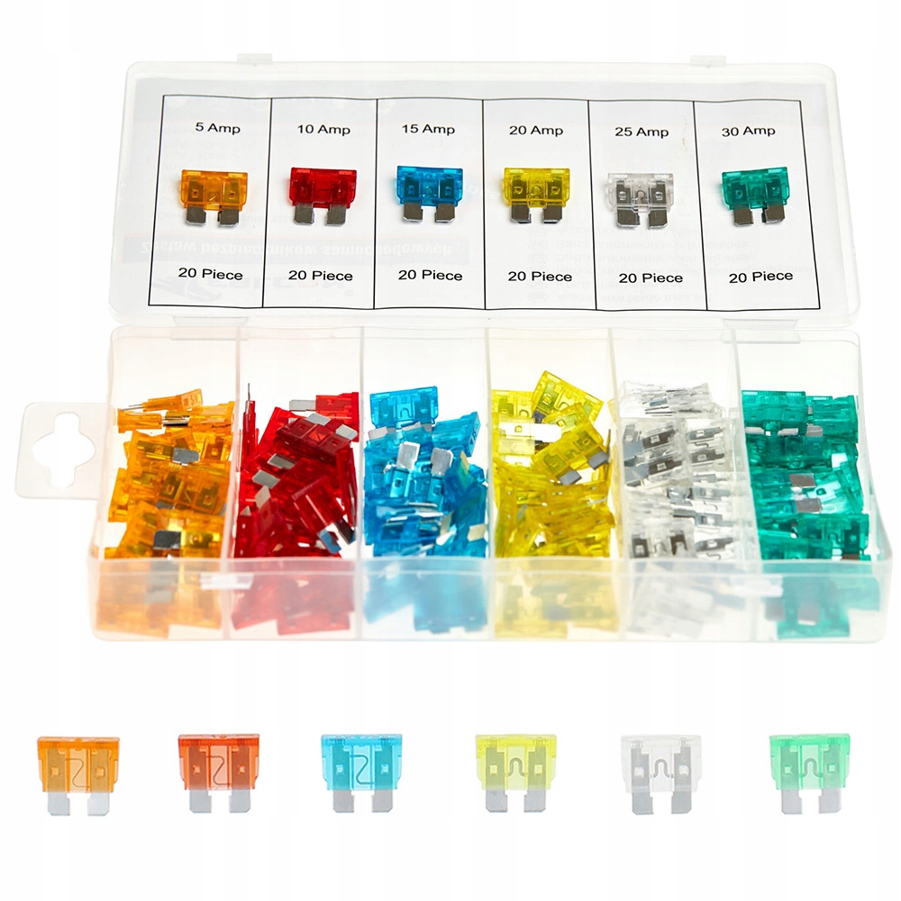 BEZPIECZNIKI SAMOCHODOWE STANDARD ZESTAW 120 szt + PUDEŁKO ORGANIZER 5-30V