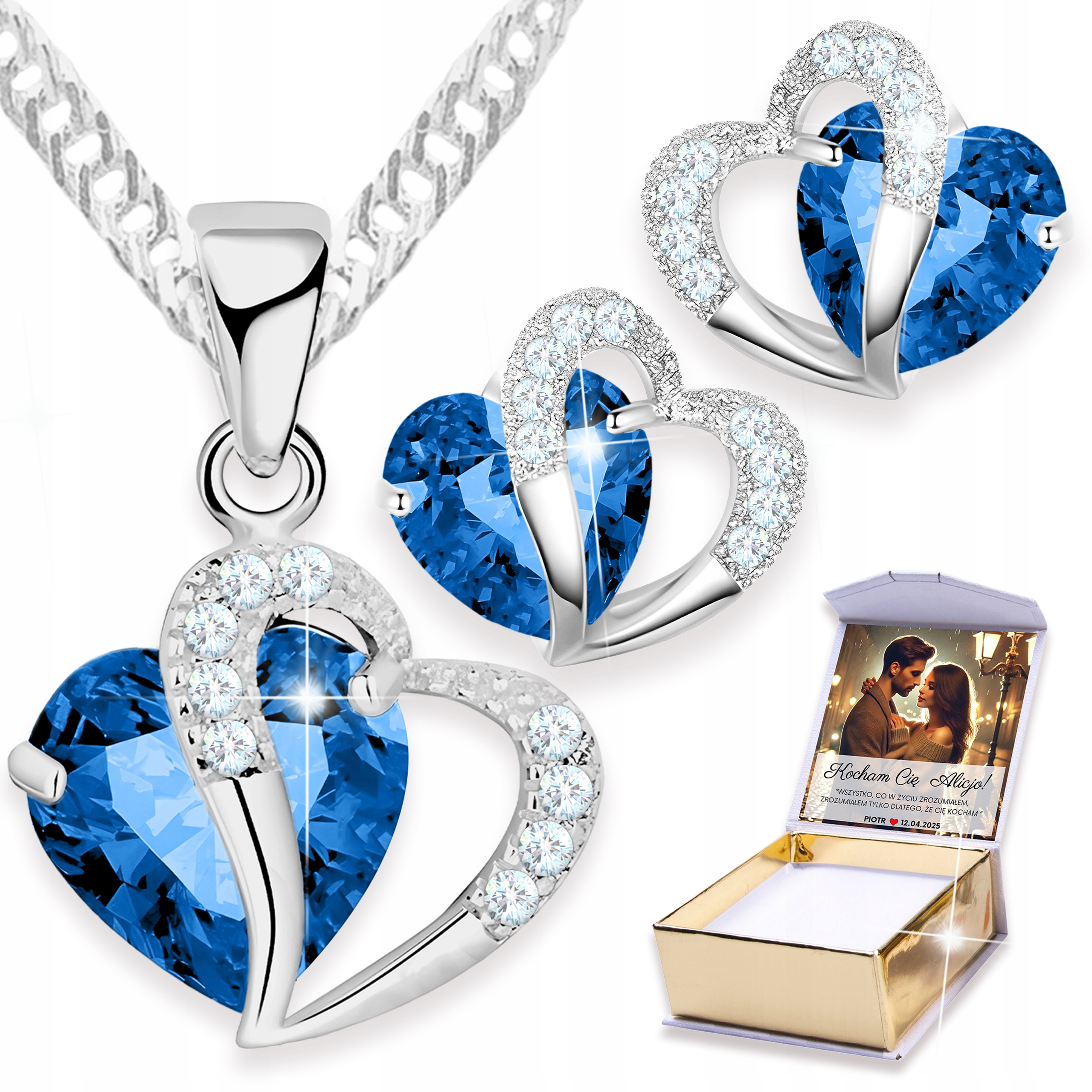 Sada Stříbrných Šperků Náhrdelník Srdce Náušnice Modrá Srdíčka S Potiskem
