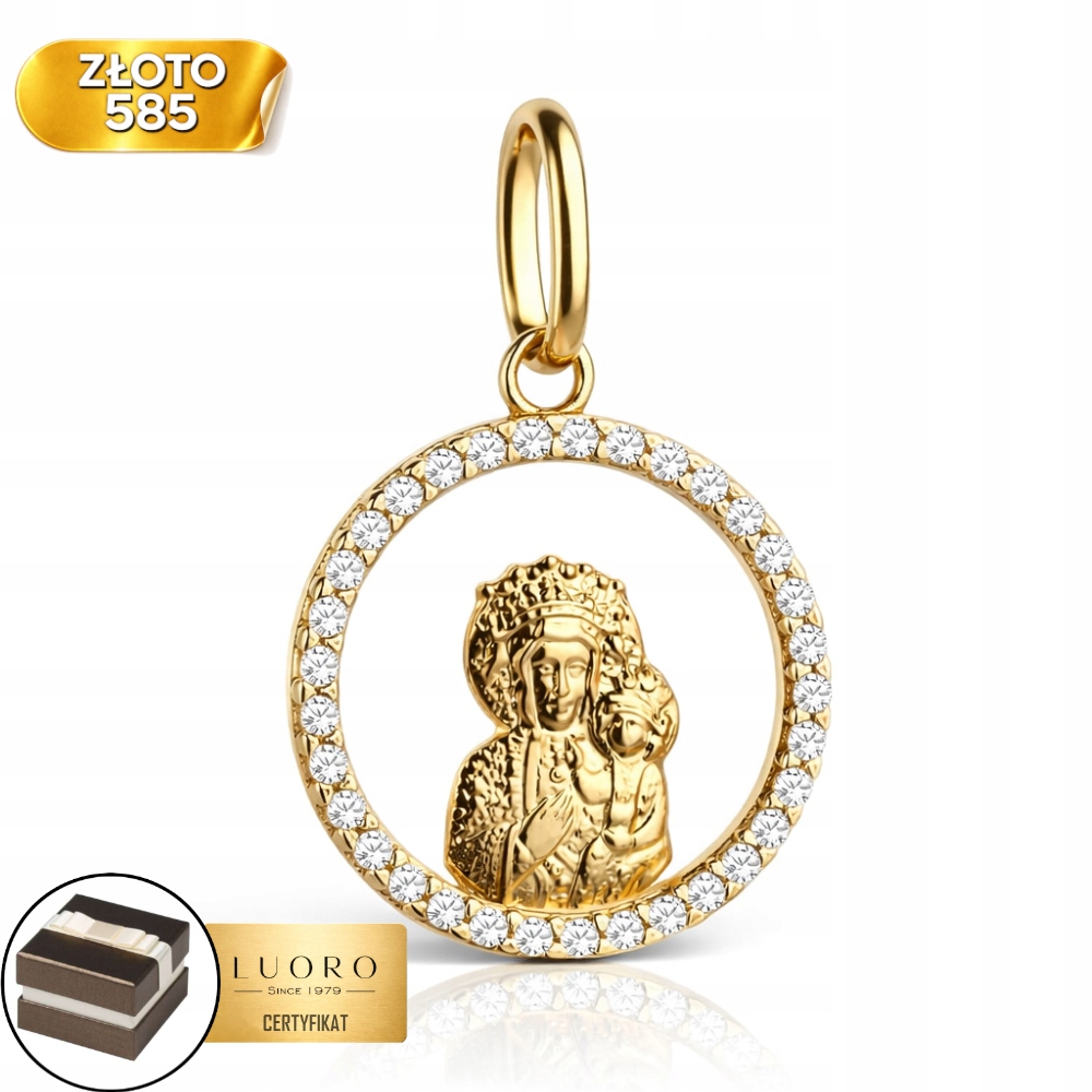 Zlatý Medailon 585 14K Matka Boží S Dítětem Zirkony 20 MM Elegantní