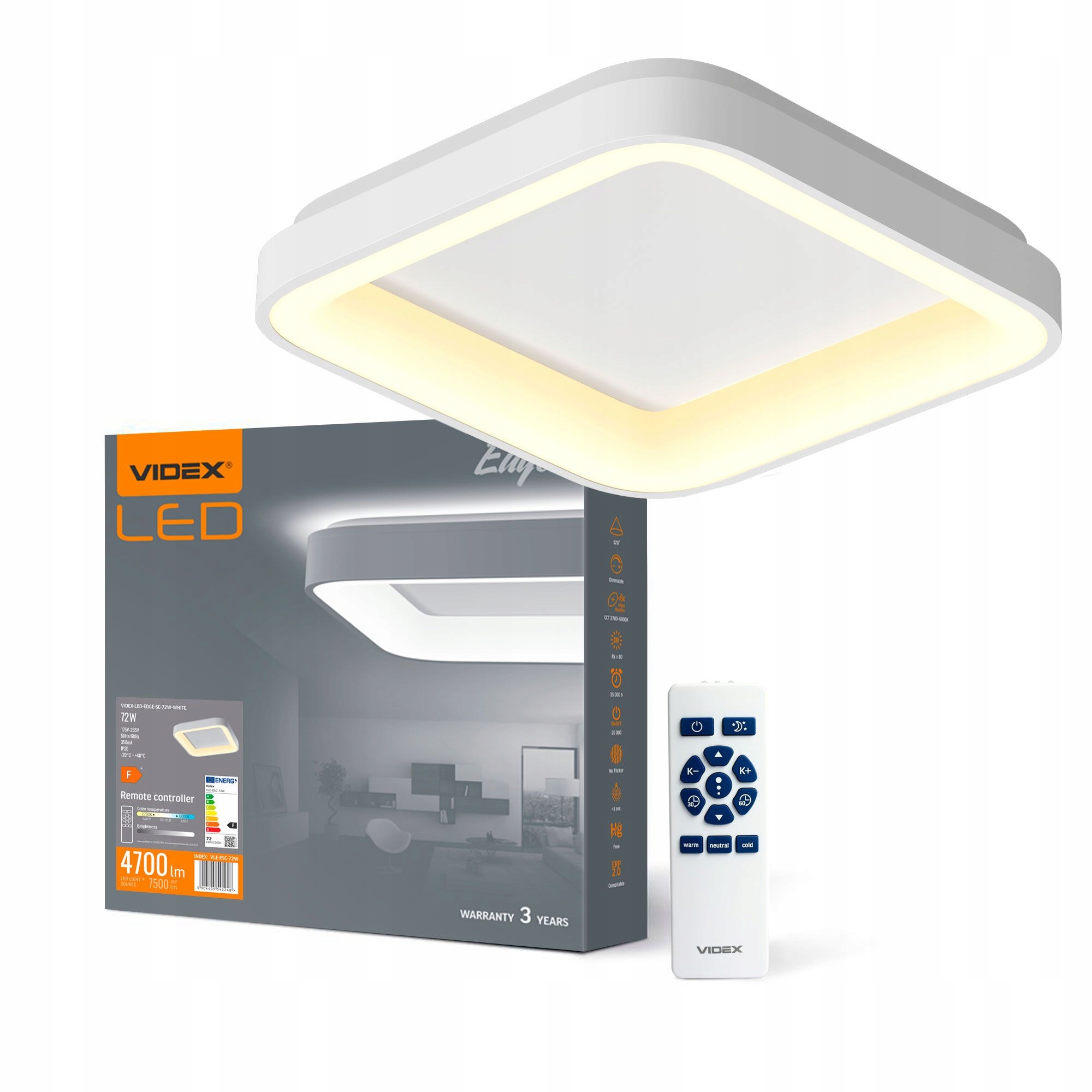 Videx stropné svietidlo Led štvorcový biely 72W VLE-ESC-72W